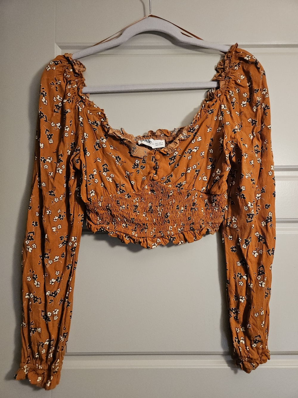 Elodie Smocked Cropped Floral Long-Sleeve Top - Orange - Size S